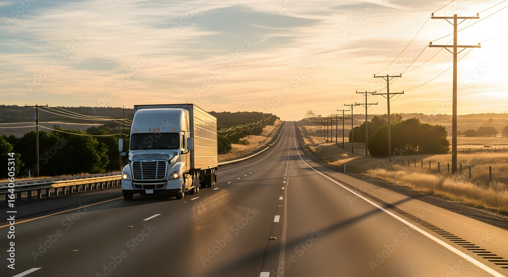 Obraz premium Freight Truck Driving on Rural Freeway with Clear Lane Markings and Utility Poles