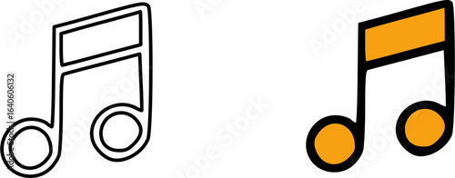 Two illustrated beamed eighth notes, one an outline and one filled with orange color.