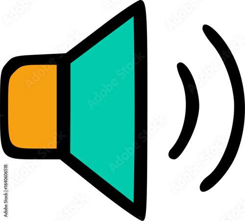 A colorful cartoon illustration of a speaker icon emitting sound waves.