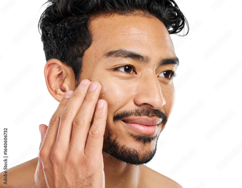 Obraz premium A close-up of a man gently touching his face, highlighting skincare and personal grooming on a dark background.