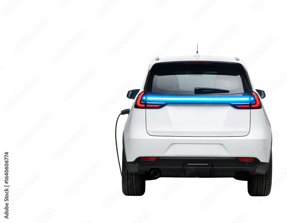Naklejka premium A sleek, modern electric vehicle with a unique taillight design, showcasing its innovative charging capability.