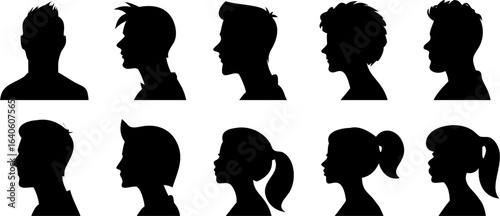 Collection of man and woman silhouette profile icons for diving