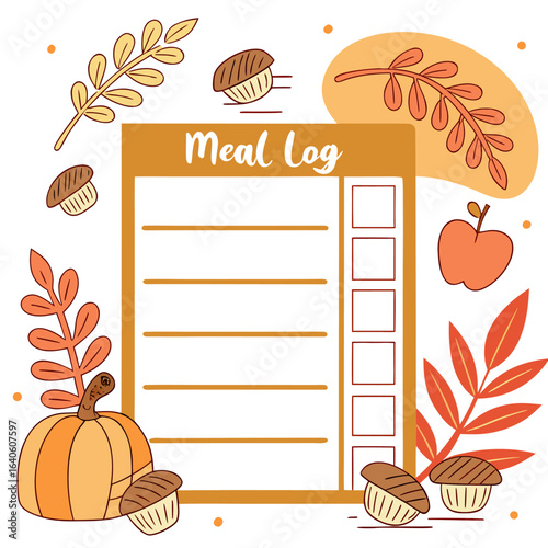 Autumnal meal log planner with pumpkin acorns and leaves for tracking daily food intake and healthy eating habits