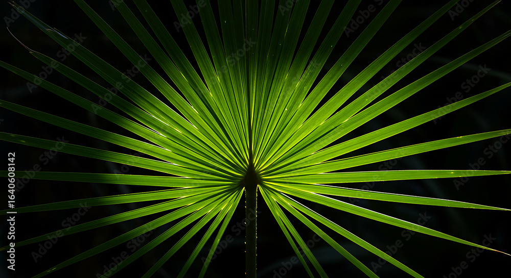 Obraz premium Vibrant green palm leaf with intricate pattern and sunlight highlights
