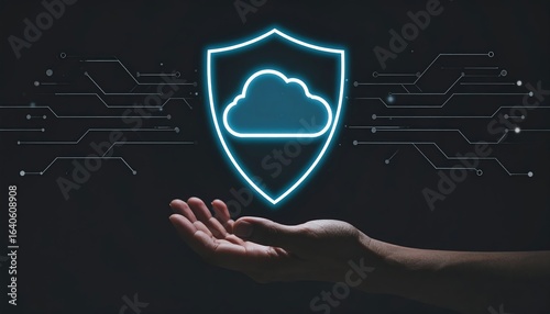 A hand presents a glowing cloud within a shield, symbolizing cloud computing security and data protection against a dark background with circuit patterns shown.