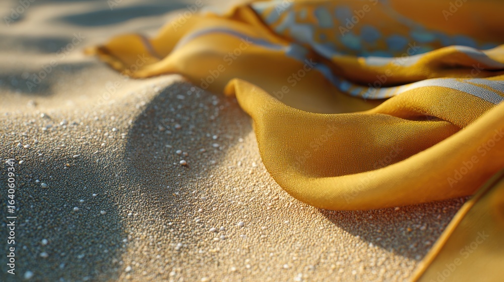 Obraz premium Golden Beach Towel on Sand: A luxurious, sun-drenched beach towel gently cascades across pristine, textured sand, its sun-kissed colors evoking a sense of tranquility and relaxation.