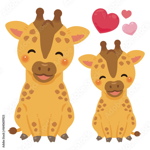 お座りした笑顔のキリンの親子イラスト