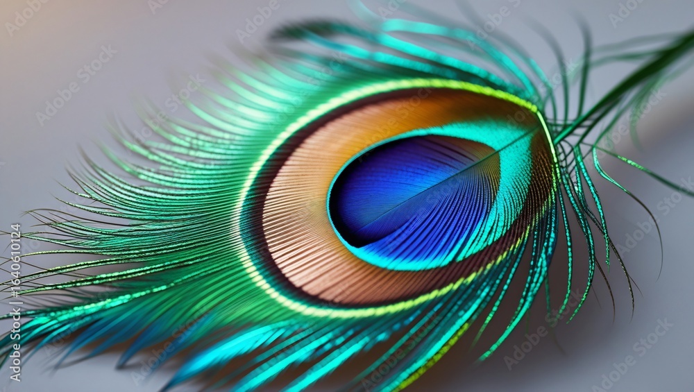Naklejka premium Photorealistic macro of peacock feather, iridescent blue and green eye pattern with fine hair-like strands