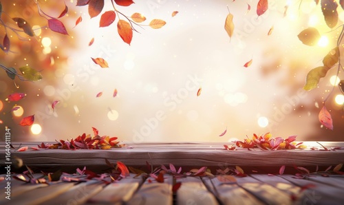 Autumn leaves falling on wooden table creating warm seasonal background