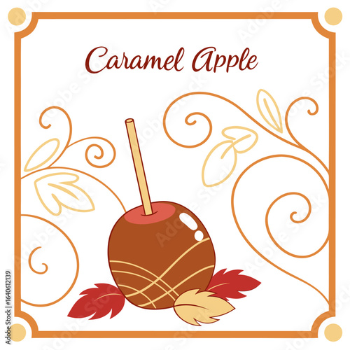 A delightful illustration of a classic caramel apple with decorative autumn leaves and swirling vines perfect for seasonal celebrations and fall themes