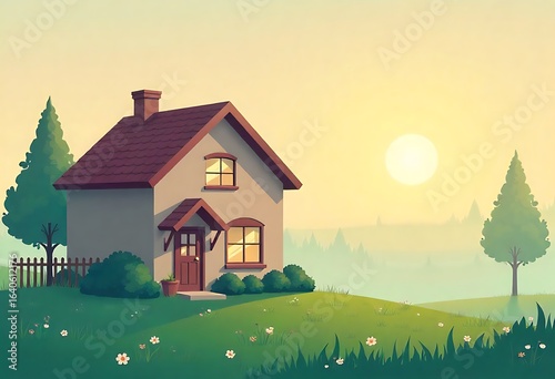 Urban architecture, residential family house in flat style - cute vector illustration, foggy summer morning, dew on the grass, sun barely visible through the mist