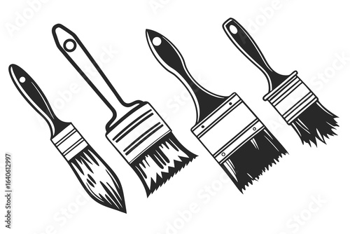 Set of Four Black and White Paint Brushes on White Background painting artist