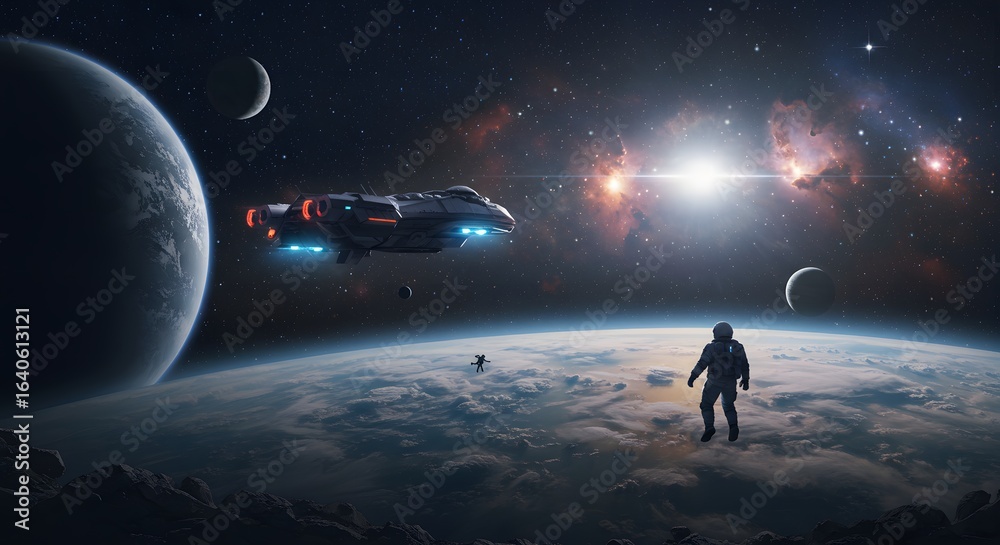 Fototapeta premium A lone astronaut observes a spaceship near a vibrant nebula and distant planets, a breathtaking cosmic vista.