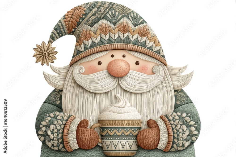 Fototapeta premium Smiling Cartoon Santa with Knitted Hat and Sweater Holding a Warm Drink
