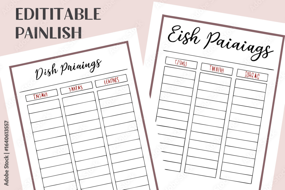 Obraz premium Editable dish pairing and meal planning sheets for organized home management and culinary inspiration