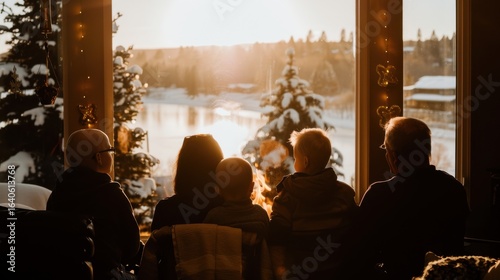 Wallpaper Mural Multi-generational family watches golden winter sunset over snowy landscape through large window Torontodigital.ca