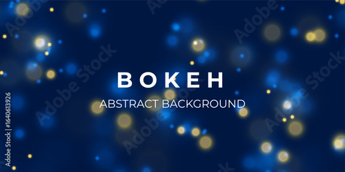 Blue and yellow bokeh light background. Sparkle effect with particles. Magic overlay dust. Glitter blur texture.