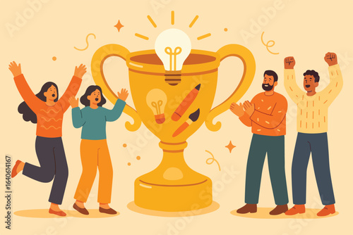 Characters celebrating victory near gold award winning cup. Trophies for winners. Championship and success concept. Vector illustration. 
