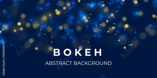 Blue and yellow bokeh light background. Sparkle effect with particles. Magic overlay dust. Glitter blur texture.