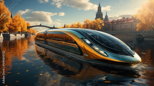 A sleek modern ferry transporting passengers across a river