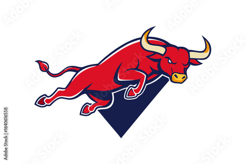 A leaping red bull