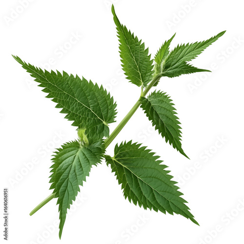 Close up detailed image of a fresh vibrant green stinging nettle plant and its leaves transparent background