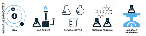 Set laboratory icon vector for scientific research, academic education, and medical testing. Ideal for illustrating chemistry, biology, and physics concepts with a comprehensive and cohesive design.