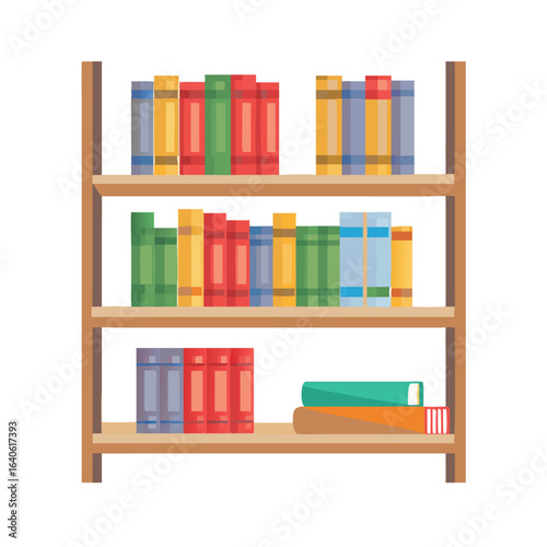 Colorful books on wooden shelves