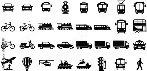 Iconic Transport Collection: A curated collection of diverse transport icons, meticulously illustrated in a sleek, minimalist style, offering a comprehensive visual guide to various modes of transit.