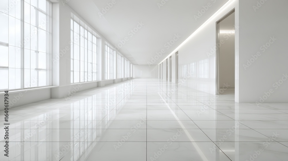 Obraz premium Bright Contemporary Interior with White Walls, Tiled Floor, and Large Windows Showcasing Modern Architecture