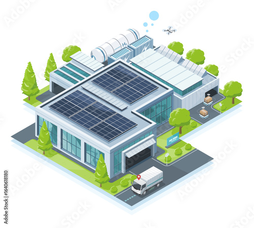 Modern isometric factory powered by green hydrogen energy with rooftop solar panels hydrogen storage tanks and eco friendly logistics surrounded by trees and clean infrastructure