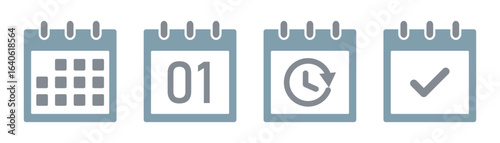 Calendar icon set. Day planner icons for app, website, UI. Business plan and event schedule organizer reminder signs. Transparent PNG and vector Illustration.