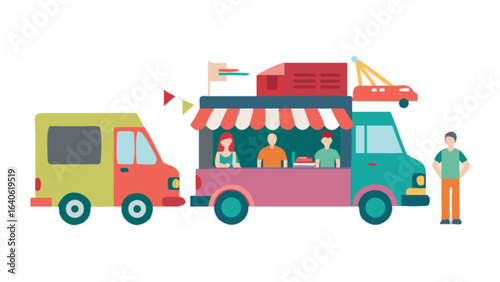 Colorful food truck vector illustration with people and van for mobile catering business design concept