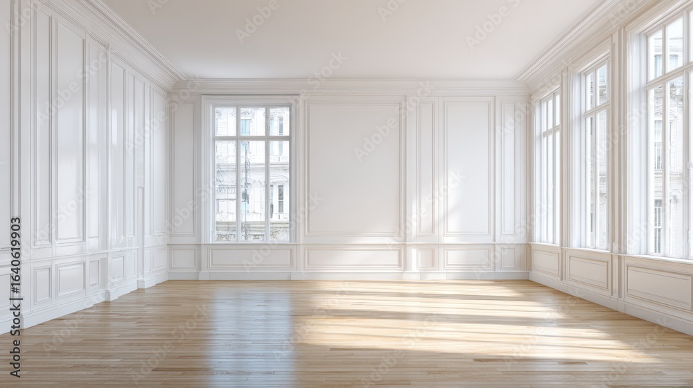 Fototapeta premium Bright Empty Room with White Walls, Large Windows, and Hardwood Floors Ready for Interior Design