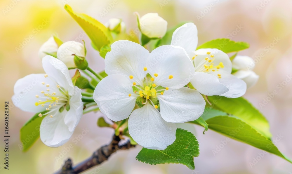 Fototapeta premium Delicate white spring flowers blossom in warm sunlight detailed close up