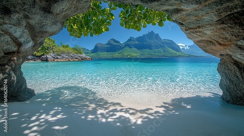 Tropical island view through a natural stone archway over clear turquoise water.