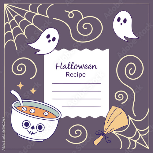 Cute halloween recipe card template with ghosts and a skeleton bowl of soup