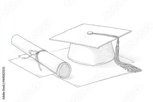 Graduation cap and diploma design showcasing academic achievement in a clean line drawing style ideal for graduation announcements or educational materials