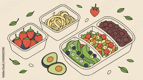 Healthy meal prep containers with pasta, avocado, berries, beans and salad for balanced diet and nutrition