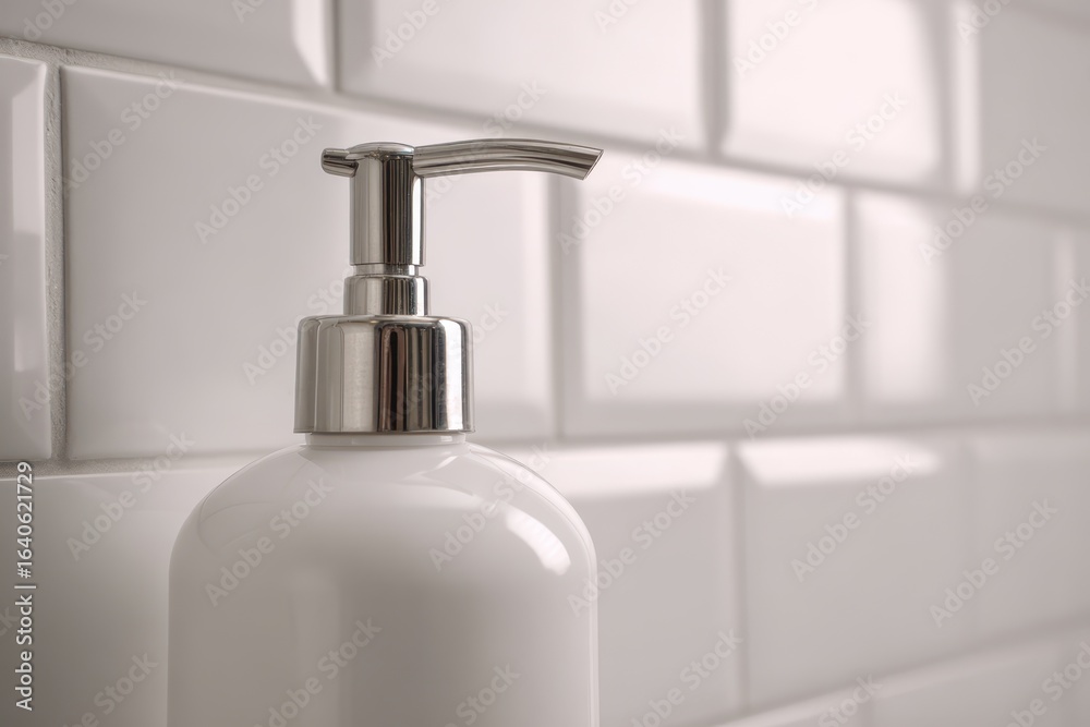 Obraz premium Close up view of a white plastic bottle with a shiny pump resting against a textured tile wall in a bright and modern bathroom setting