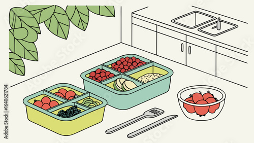Healthy meal prep containers with fresh fruits and berries for balanced diet and nutrition planning ideas