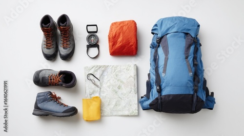 Outdoor gear arranged neatly showcases essentials for adventure.