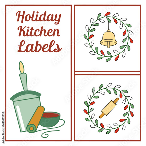 Festive holiday kitchen labels featuring wreaths with a bell and rolling pin plus a cozy drink with cinnamon