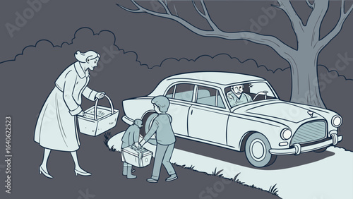 A mother and her children load luggage into a vintage car as a concerned driver waits preparing for a journey on a cloudy day