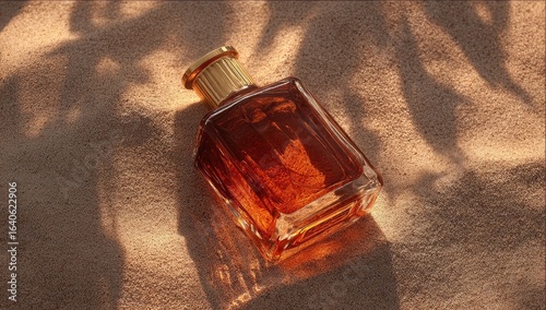 Amber perfume bottle on sandy beach (1)