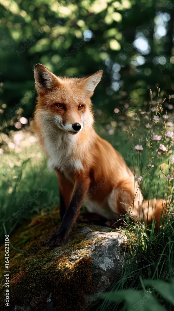 Fototapeta premium A beautiful red fox sitting gracefully on a moss-covered rock in a lush green forest,