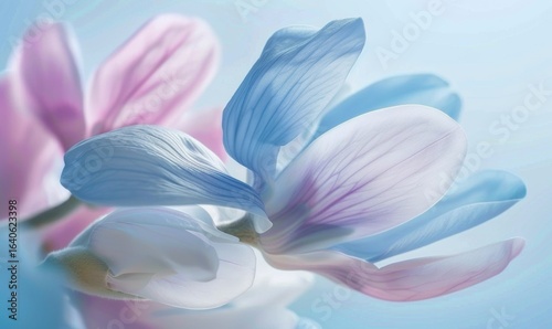 Elegant close up of a blue and pink flower with dreamy softness