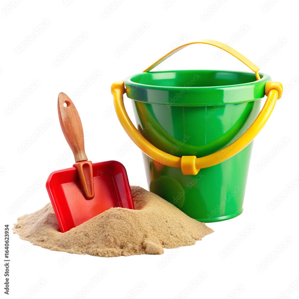 Obraz premium Photo of green plastic bucket and red shovel with wooden handle in sand, isolated on transparent background