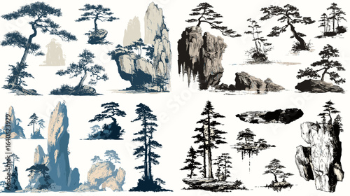 Traditional ink landscape illustrations of pine trees and rocky mountains, Chinese and Japanese sumi-e brush painting nature art set.