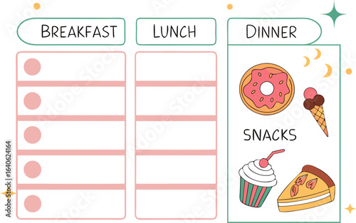 Cute illustrated weekly meal planner with sections for breakfast lunch and dinner featuring fun snack drawings and empty slots for writing